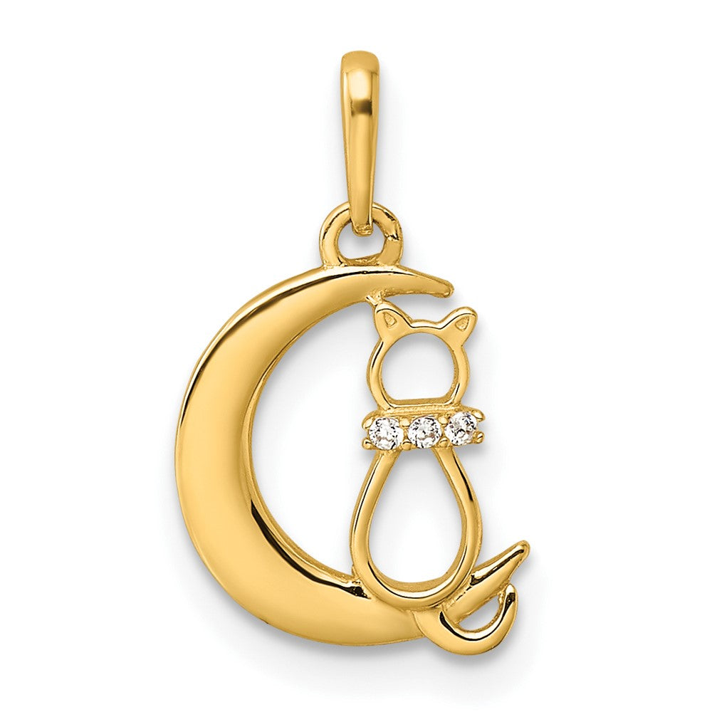 14k CZ Cat and Moon Childrens Pendant