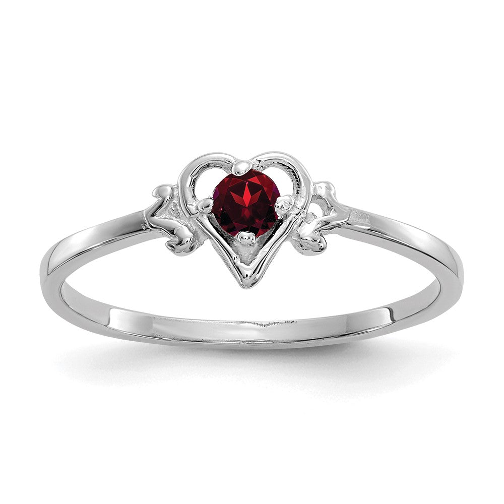14K White Gold 3mm Round Garnet Birthstone Heart Ring