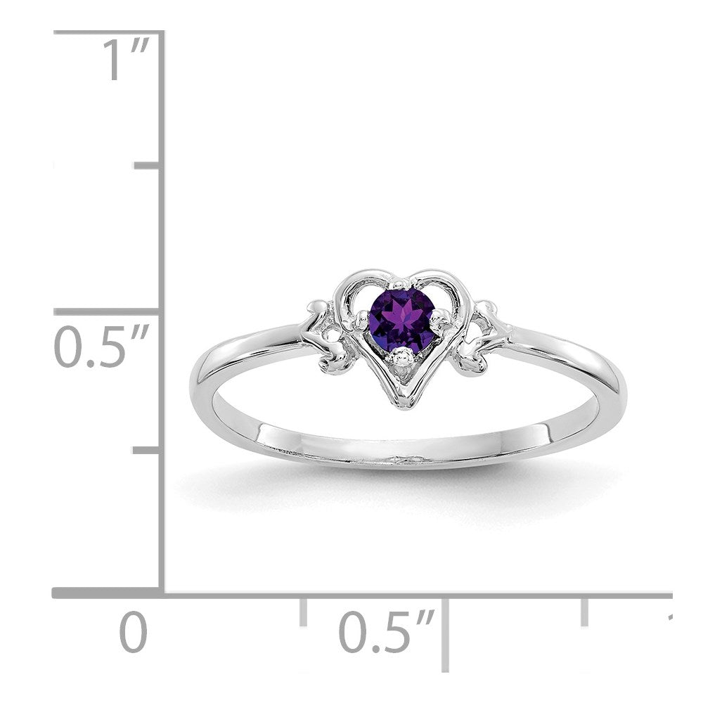 14K White Gold 3mm Round Amethyst Birthstone Heart Ring