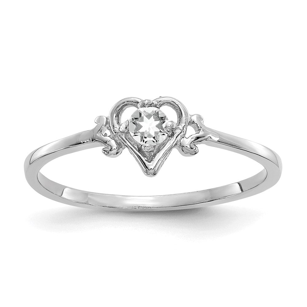 14K White Gold 3mm Round White Topaz Birthstone Heart Ring