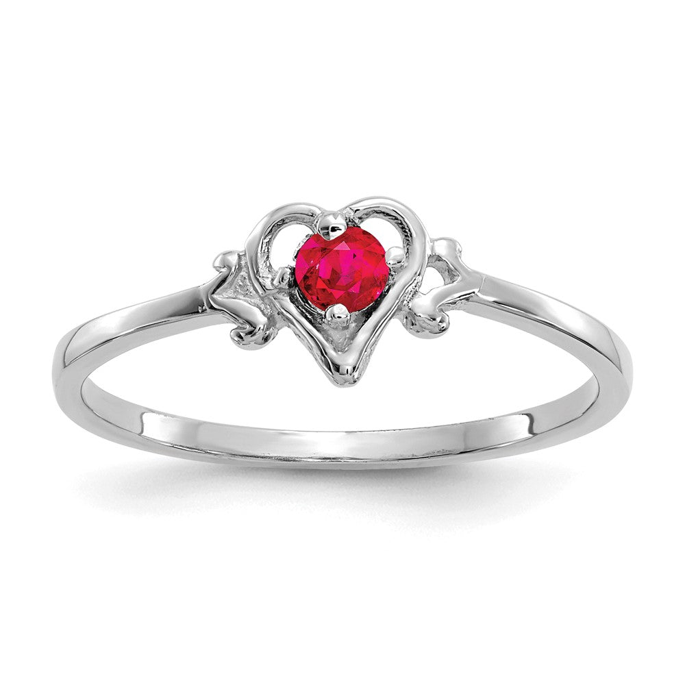 14K White Gold 3mm Round Ruby Birthstone Heart Ring