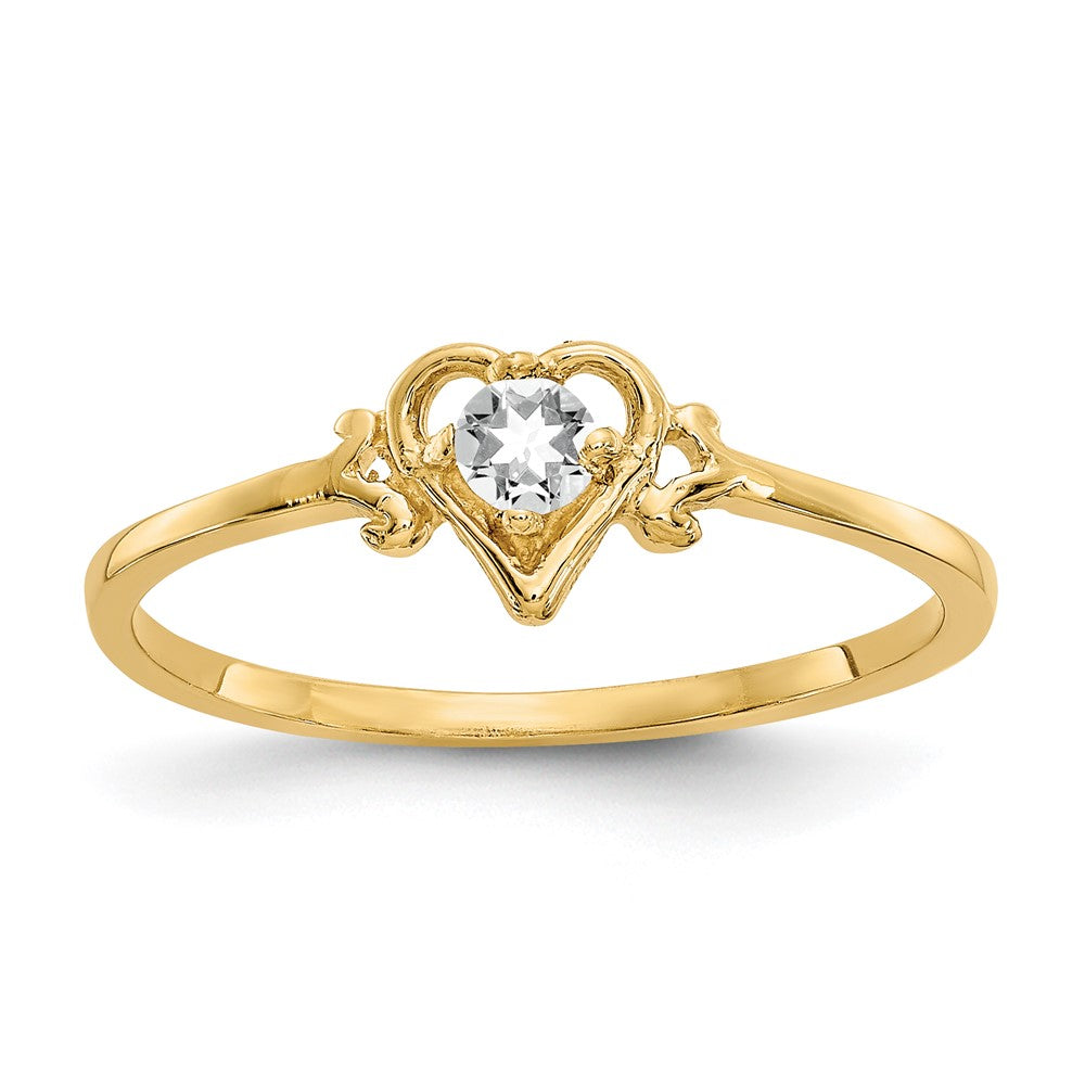 14k 3mm Round White Topaz Birthstone Heart Ring