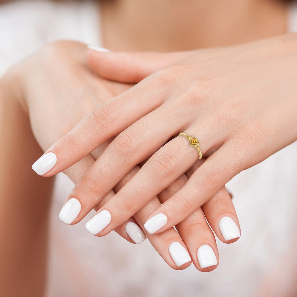 14k 3mm Round Citrine Birthstone Heart Ring