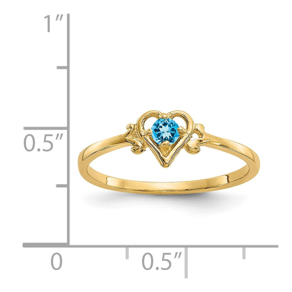 14k 3mm Round Blue Topaz Birthstone Heart Ring