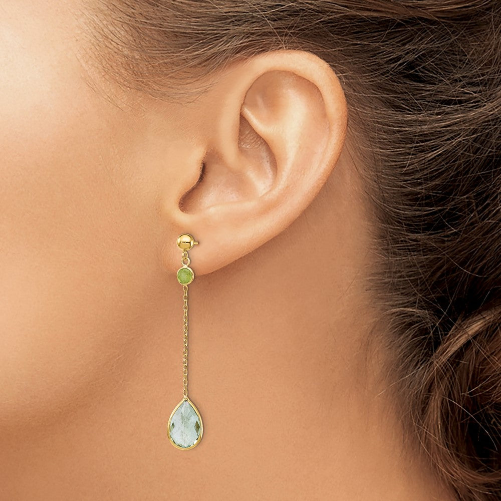 14K Round Peridot/Pear Green Quartz Chain Dangle Post Earrings