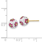 14k 8mm Pink/White/Green Crystal Flowers Round Ball Post Earrings