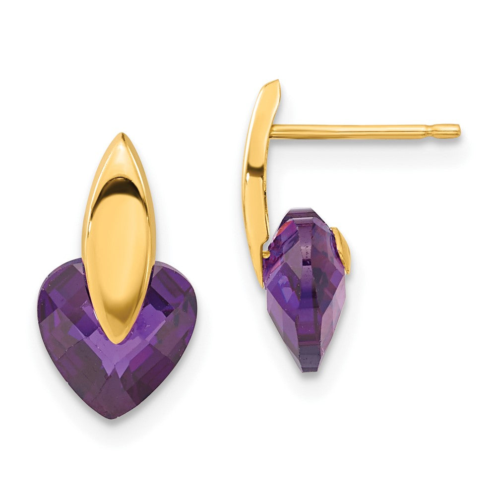 14ky Polished Purple CZ Heart Post Earrings