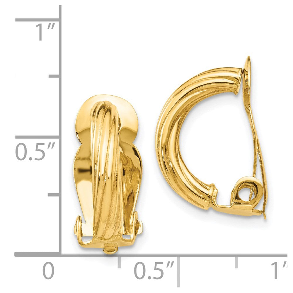 14k 3x16mm Ribbed Half Hoop Omega Back Non-Pierced Earrings