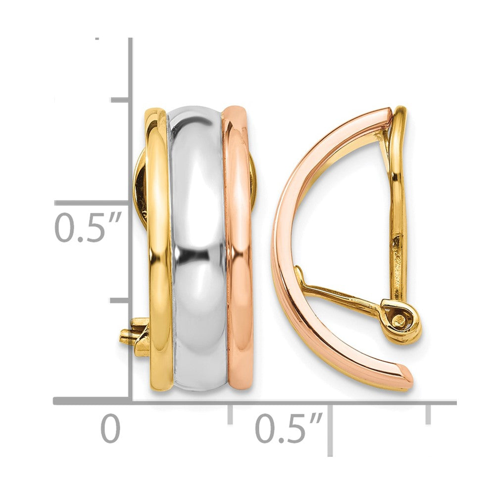 14k Tri-color 7x18mm Polished Half Hoop Omega Back Non-pierced Earrings
