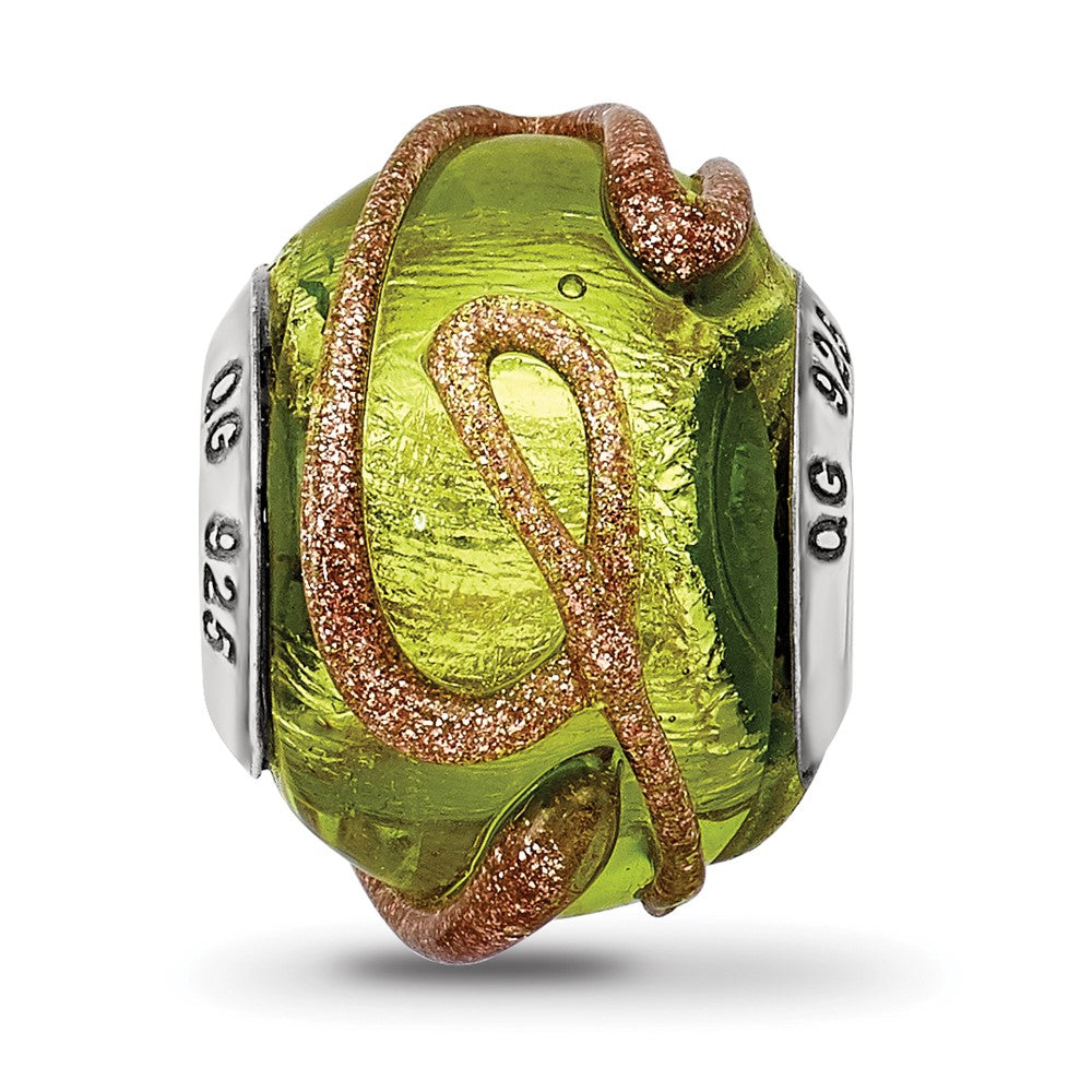 Sterling Silver Reflections Italian Light Green w/Textured Lines Glass Bead