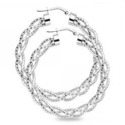14k White Gold Round Twisted Diamond Cut Braided Hoop Earrings French Lock Polished 40mm x 3mm