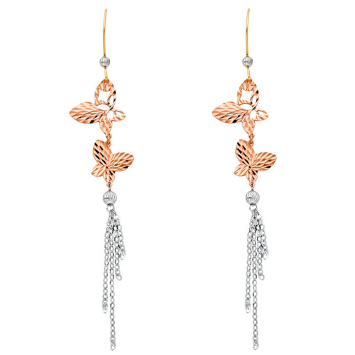 14k Tricolor Gold Butterfly Ball Long Chains Hanging Fancy Earrings Diamond Cut Design 95mm x 15mm