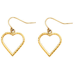 14k Yellow Gold Thin Open Heart Hollow Hanging Hook Earrings Textured Fancy Polished New 17mm x 17mm